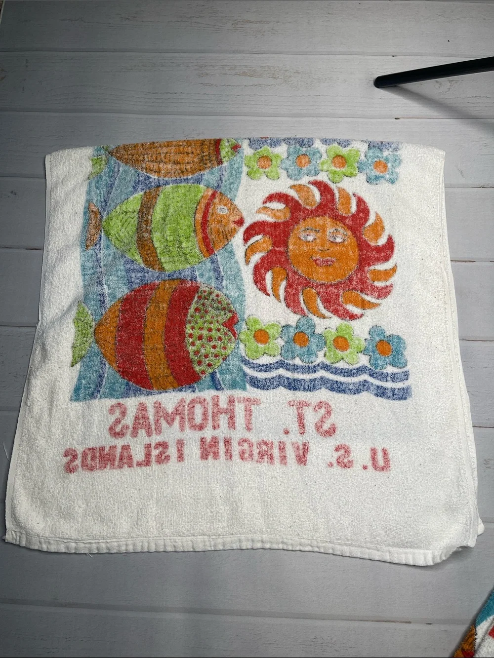 Vintage Beach Towel Pair St Thomas Fish Sun Flowers Celestial Ocean Set 90s 80s